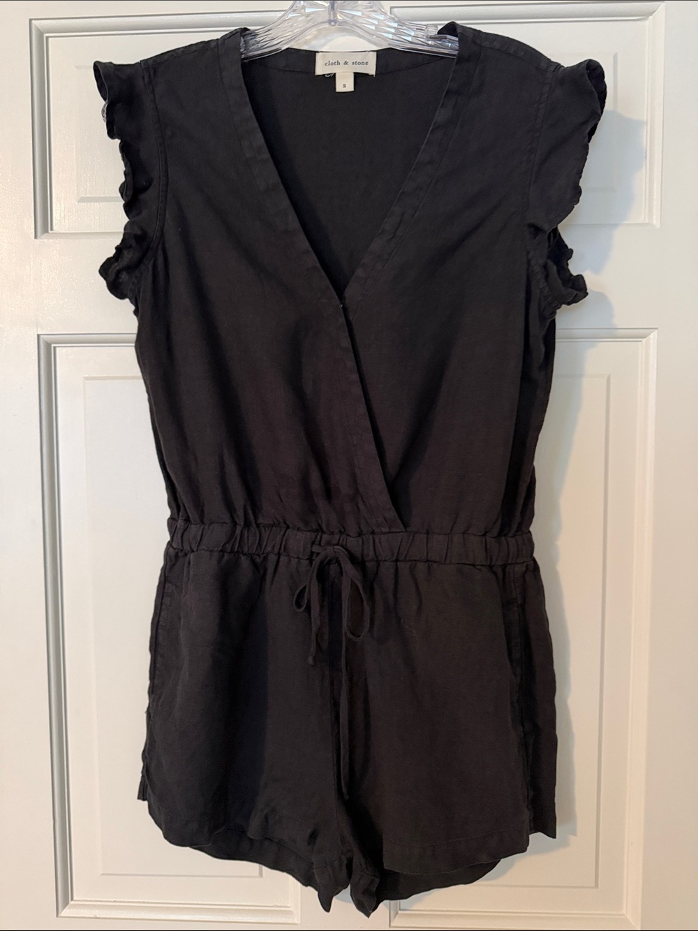cloth & stone Black V-Neck Drawstring Romper with Ruffled Sleeves